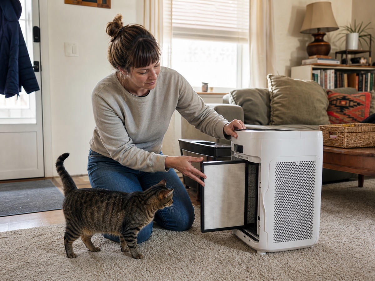 A homeowner replaces an air purifier filter while a cat looks on.