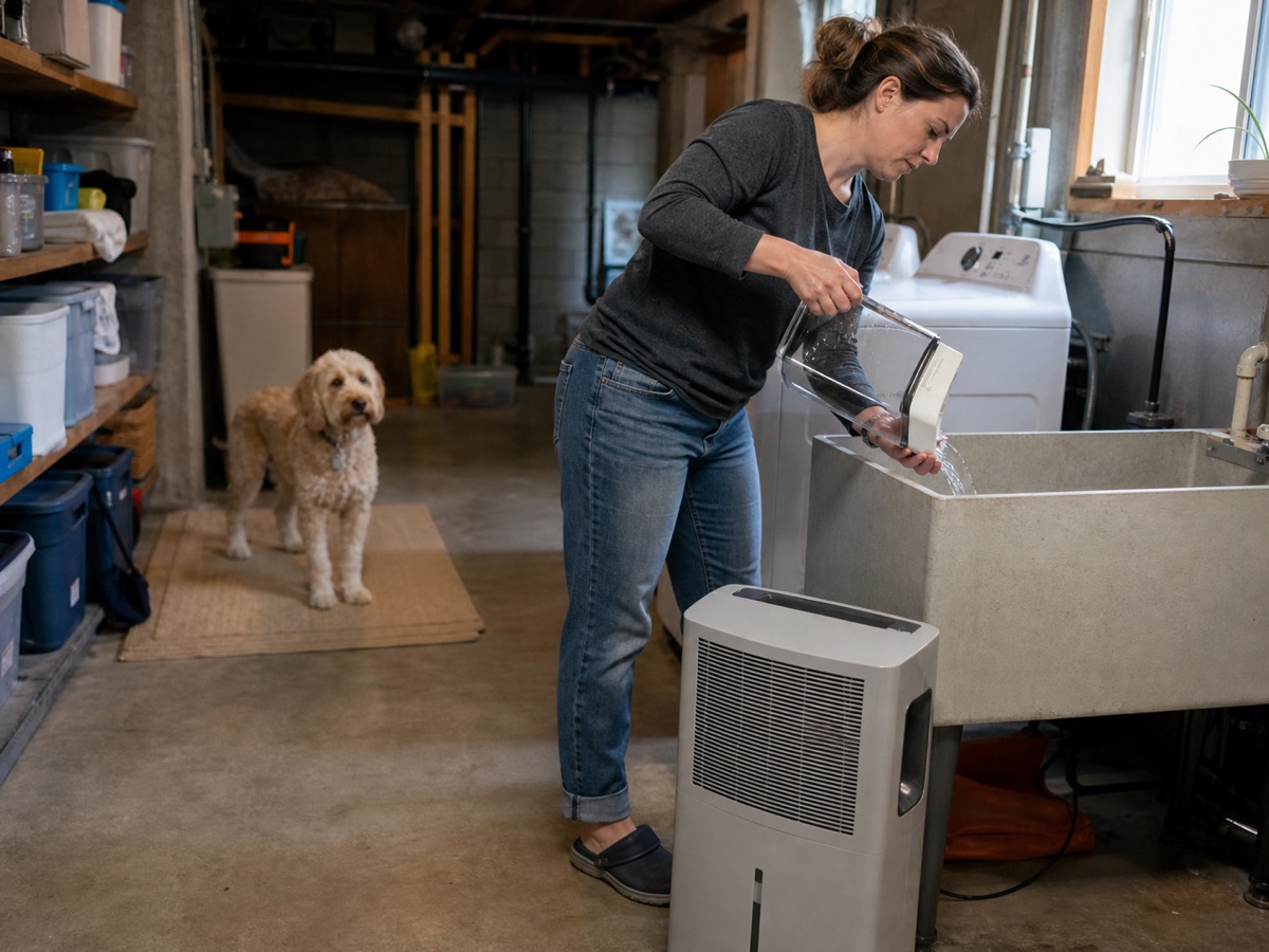 A homeowner empties a dehumidifier tank in a basement utility area.