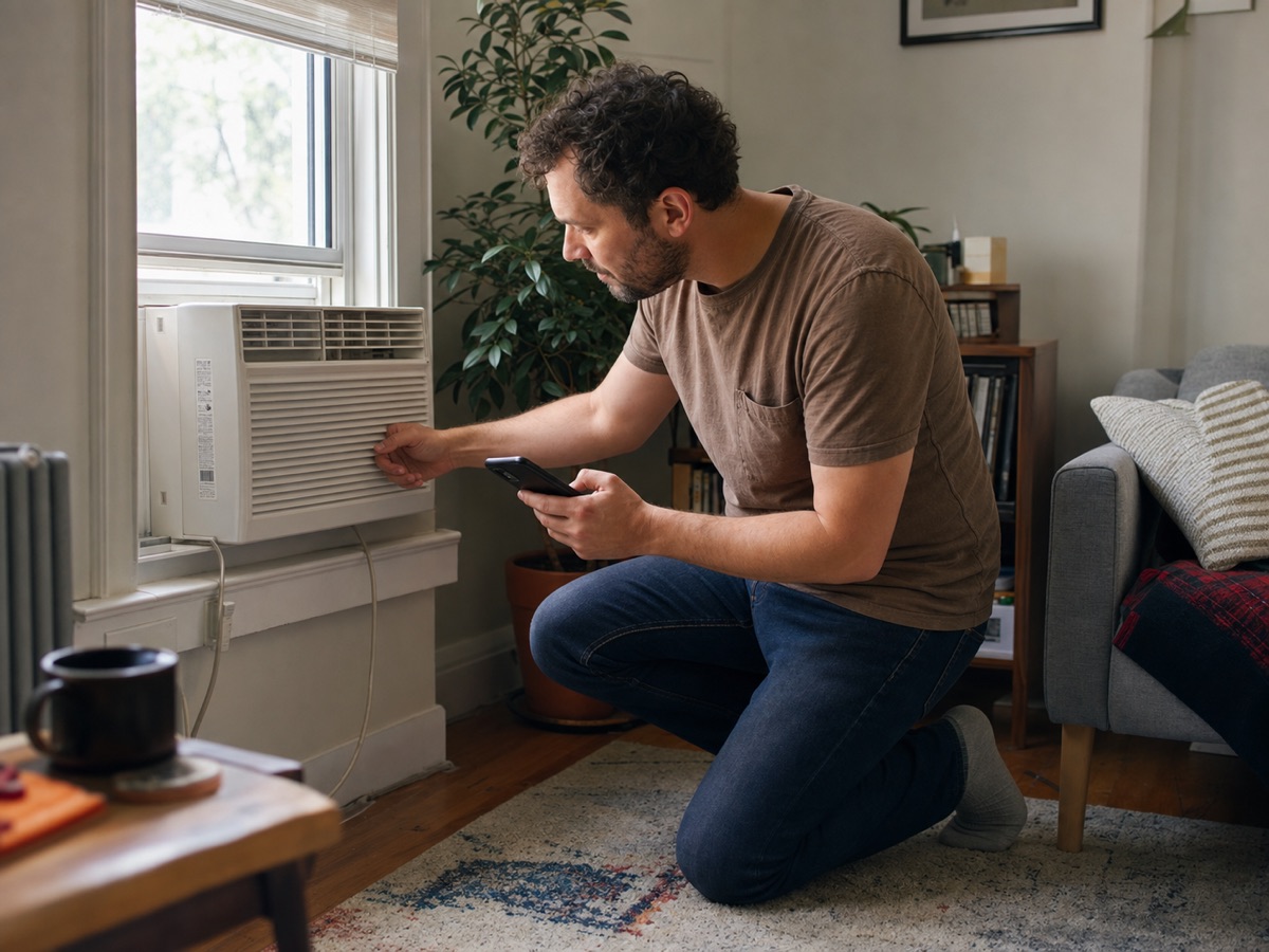 A renter uses a phone while adjusting the controls on a window air conditioner.