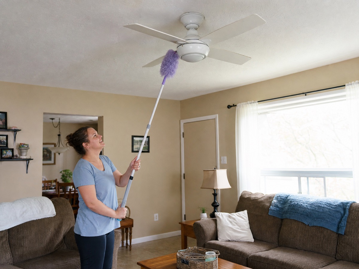 A homeowner dusts a switched-off ceiling fan with a long-handled duster.
