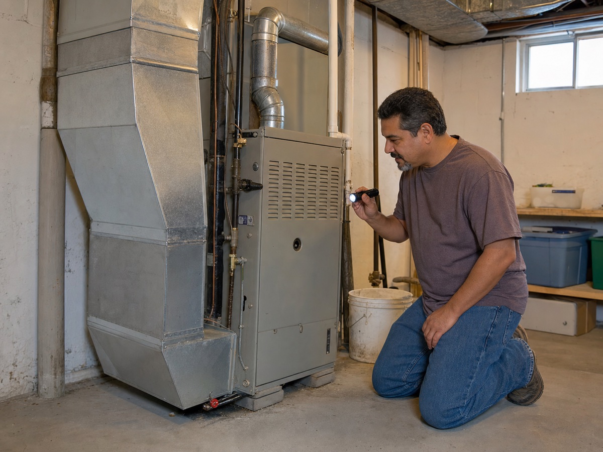 A homeowner inspects a central HVAC air handler and ductwork in a basement utility room.