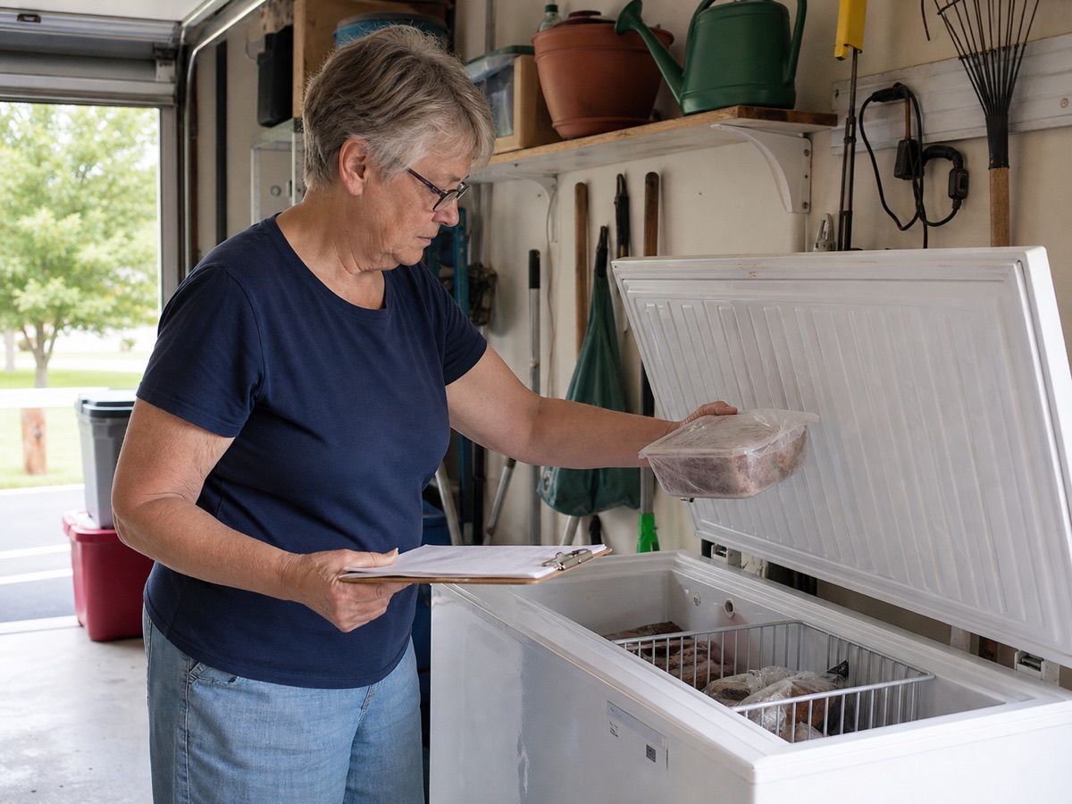 A homeowner takes food from a chest freezer in a garage.