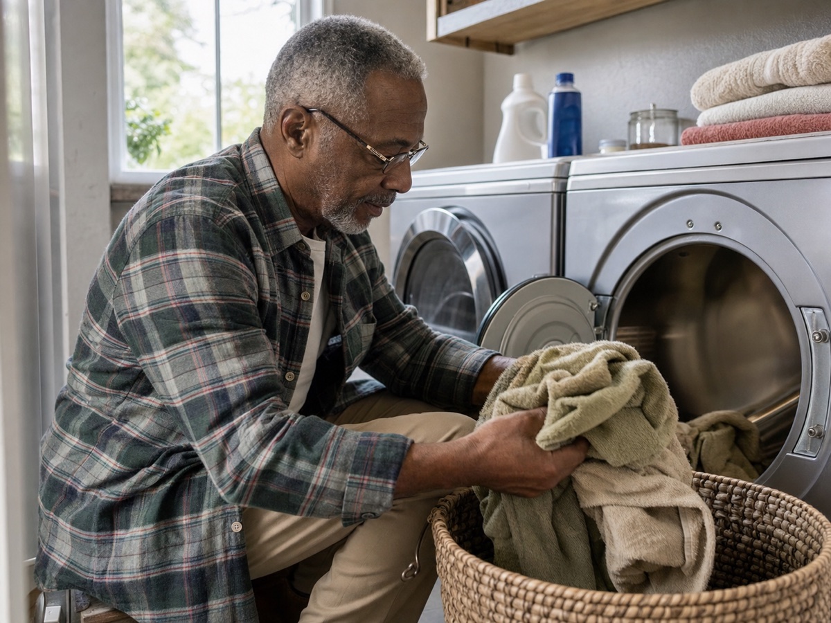 An older homeowner moves clean towels from an electric dryer into a laundry basket.