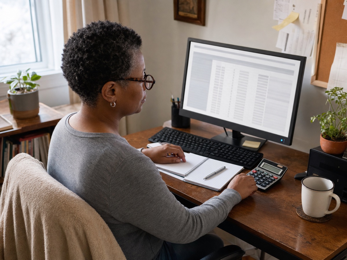 A homeowner reviews a household budget at a desktop computer.