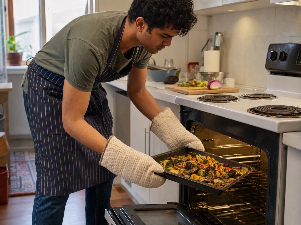 A home cook uses oven mitts to remove roasted vegetables from an electric oven.