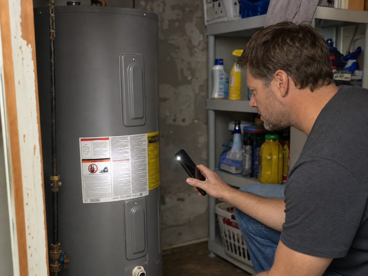 A homeowner checks an electric water heater in a utility room.