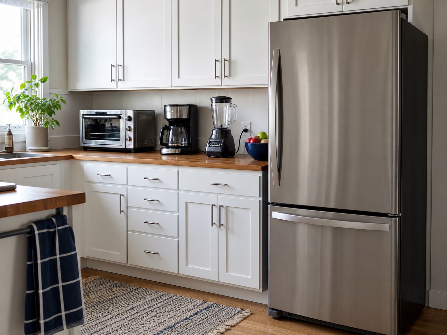 A refrigerator and countertop appliances in a lived-in kitchen
