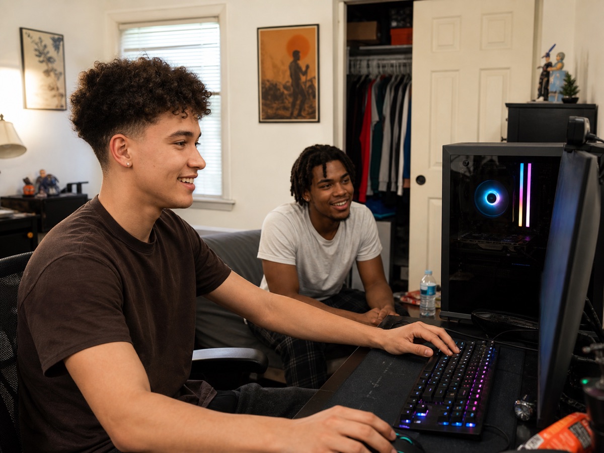 Two friends relax together at a modest desktop gaming PC setup.