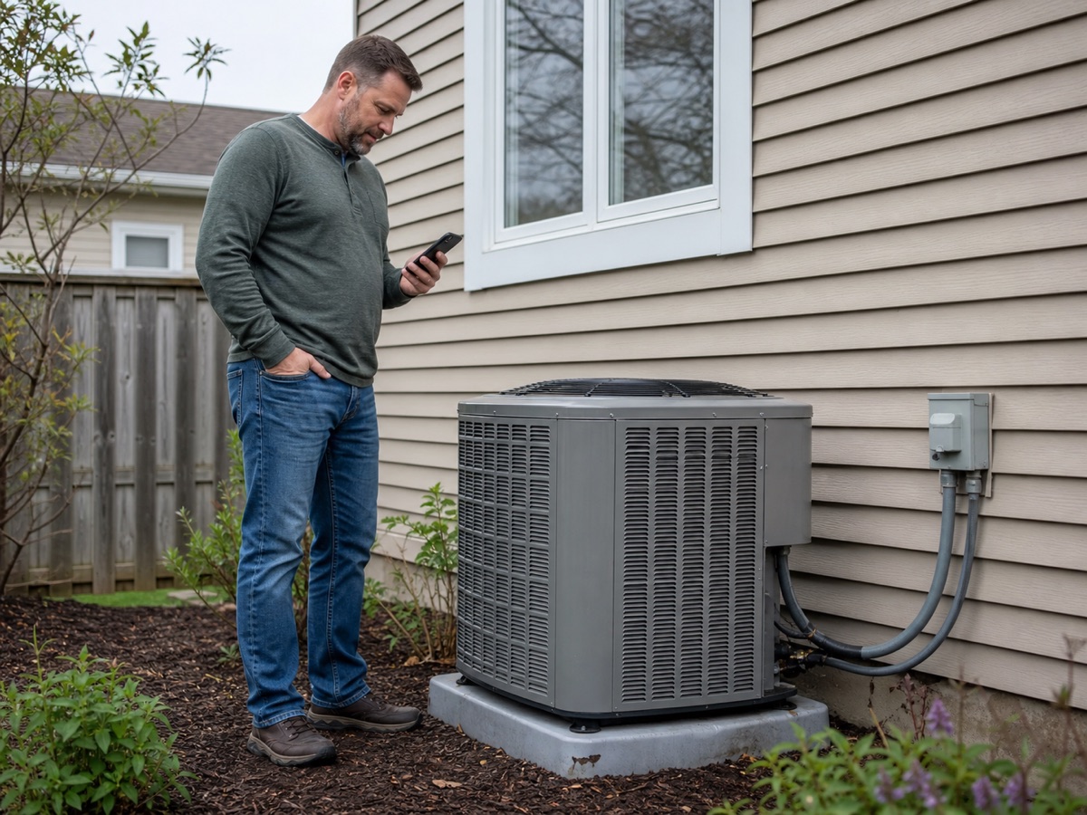A homeowner checks the outdoor heat pump beside an ordinary house.