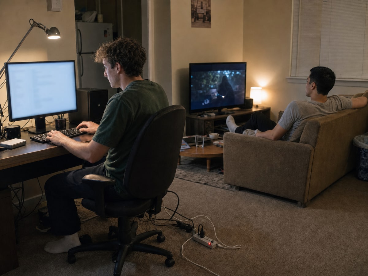 One roommate watches television while another works at a desktop computer in the same living room.