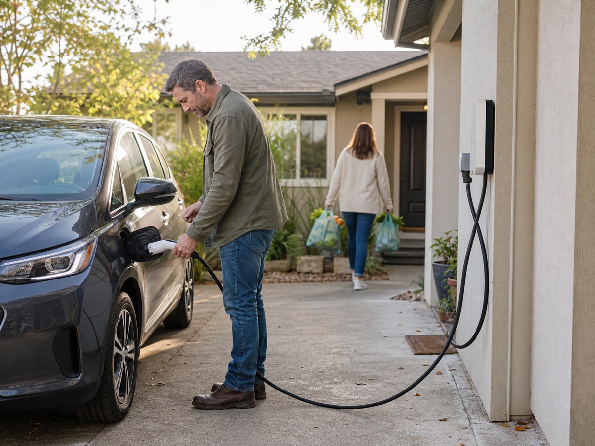 A driver plugs an electric car into a home charger.