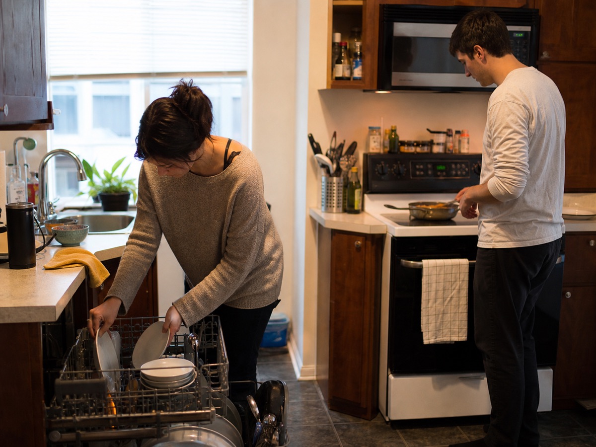 Two roommates prepare dinner beside a dishwasher.