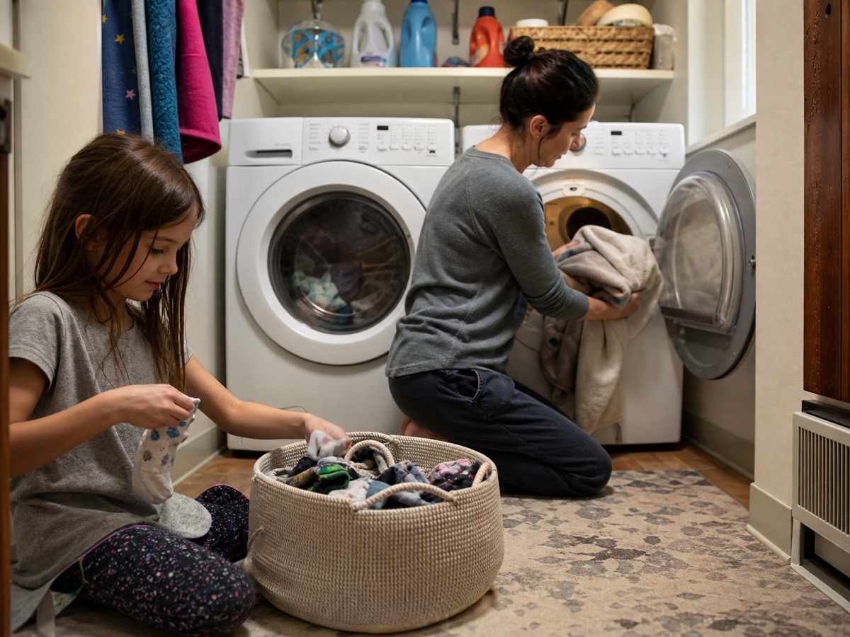 A parent and child sort laundry beside a washing machine.