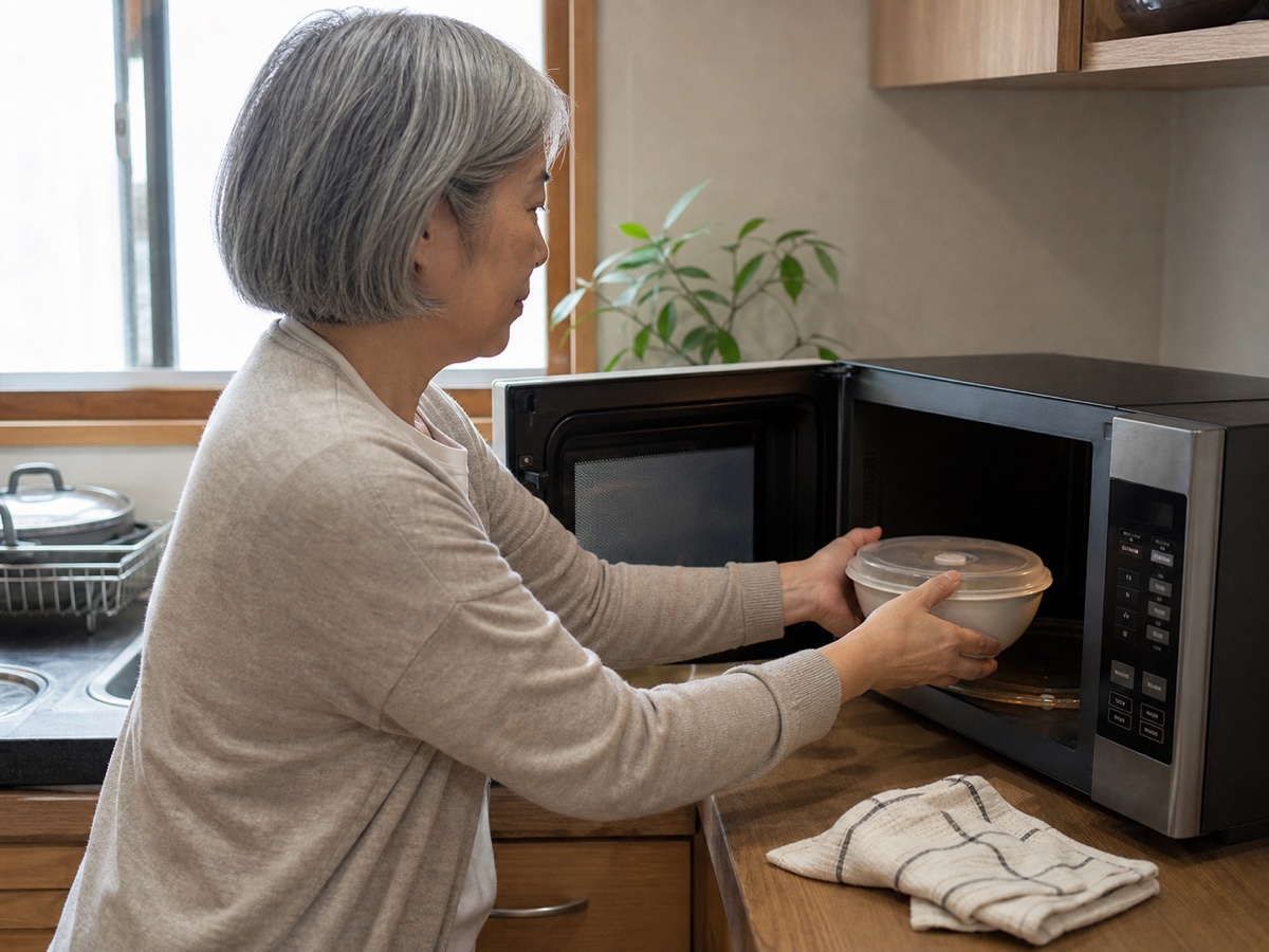 An older home cook places a covered bowl of leftovers into a microwave.