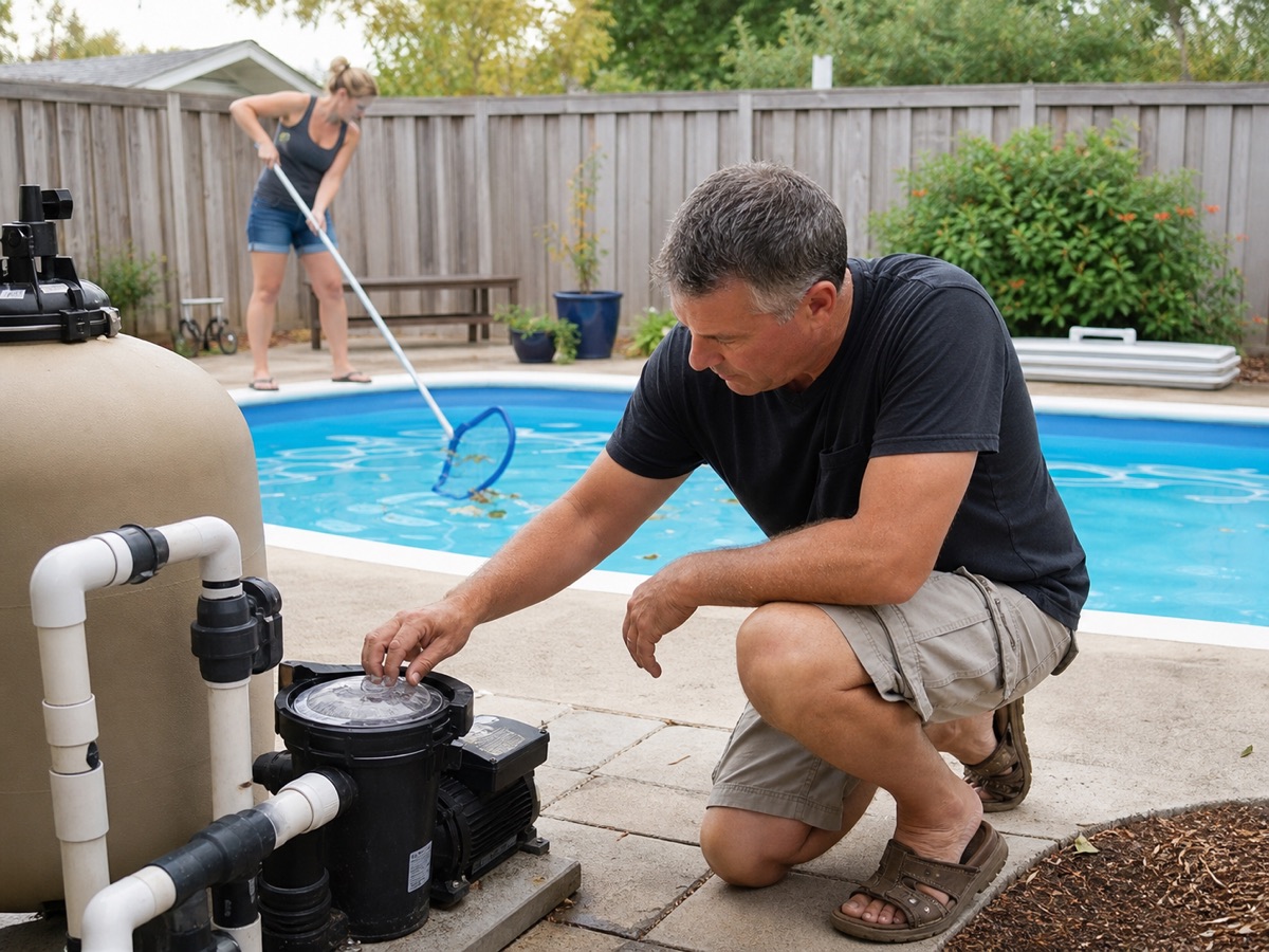 A homeowner checks a pool pump beside a backyard pool.