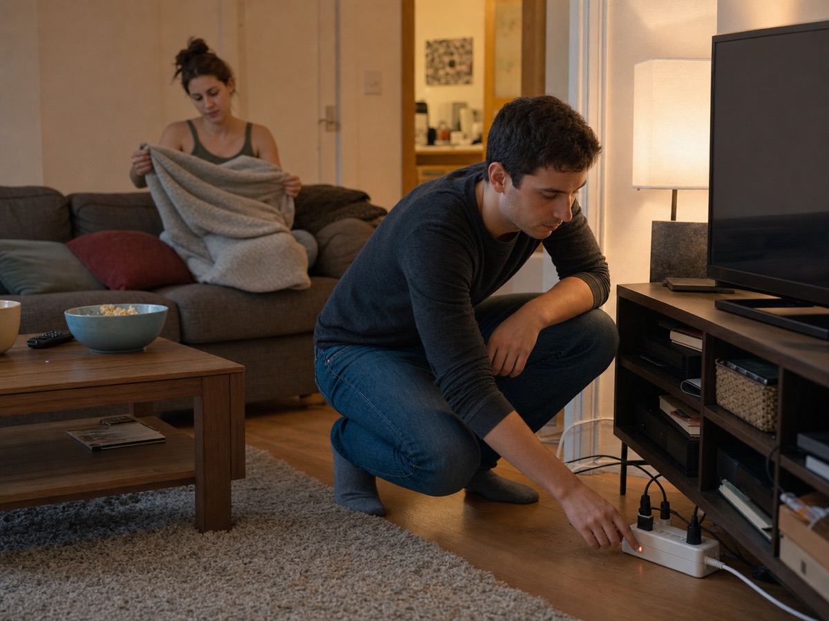 A person switches off a power strip beside the television after use.