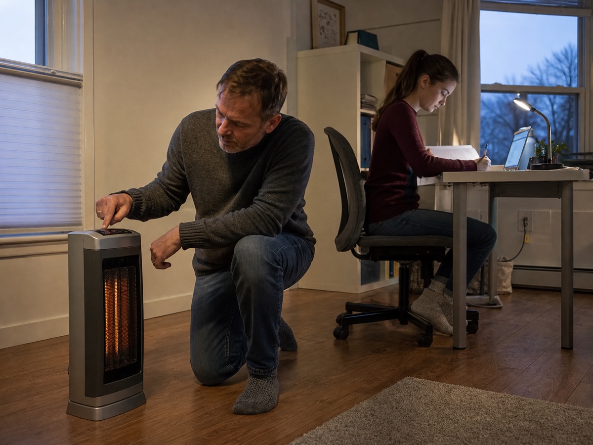 A parent checks a space heater placed on a clear floor away from furniture.