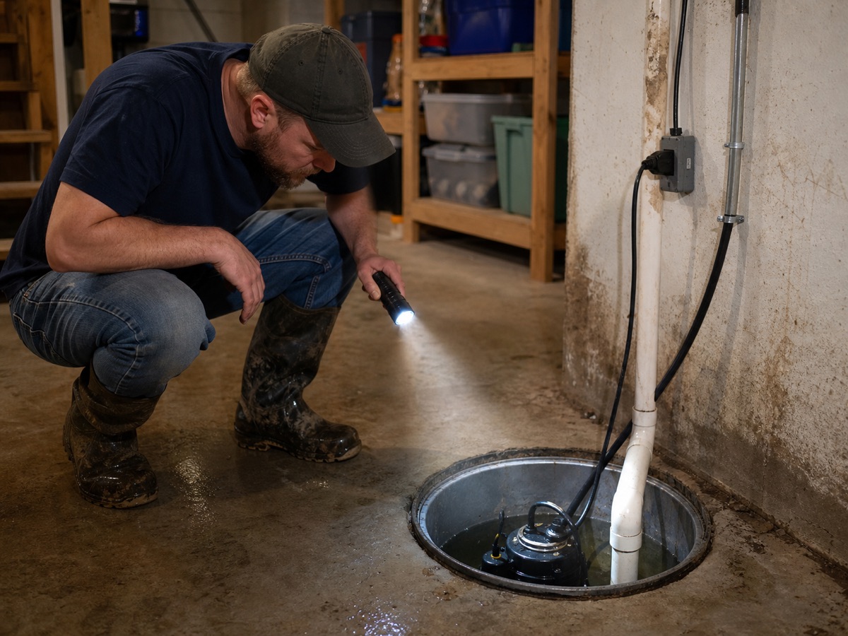A homeowner inspects a sump pump in an unfinished basement.
