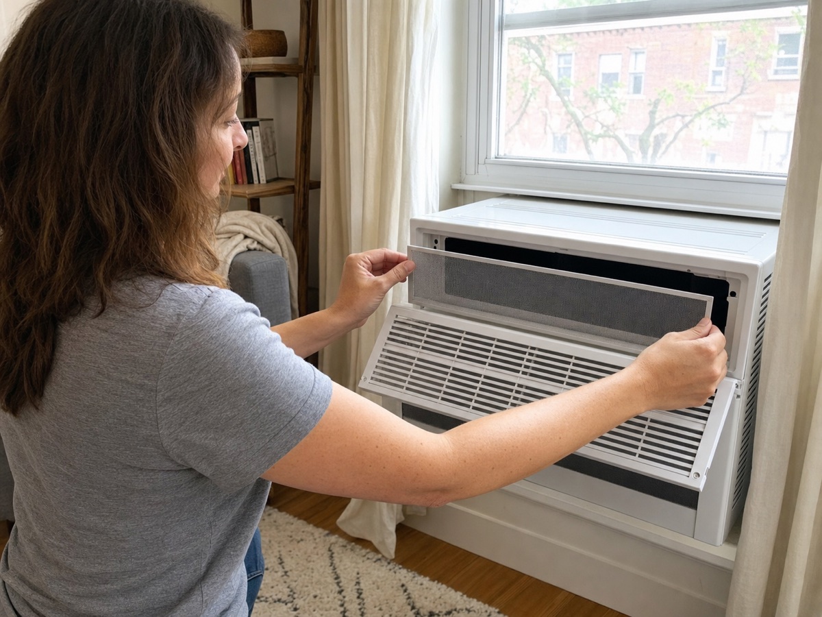 A resident removes the washable filter from a window air conditioner.