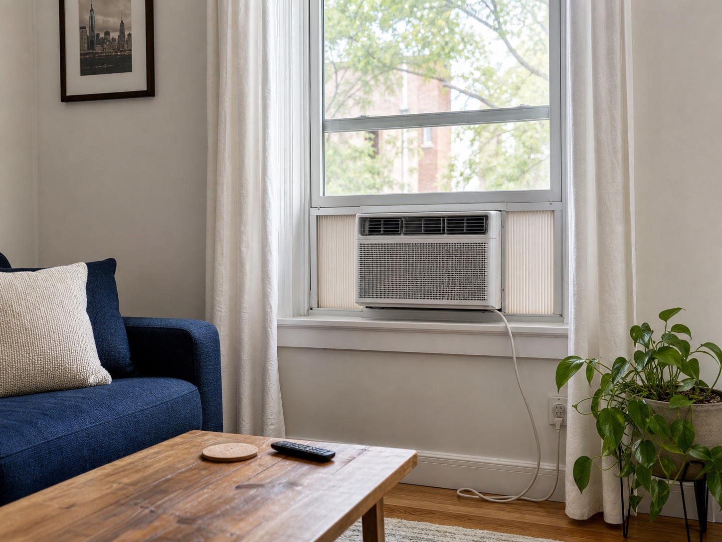 A window air conditioner installed in a bright apartment living room